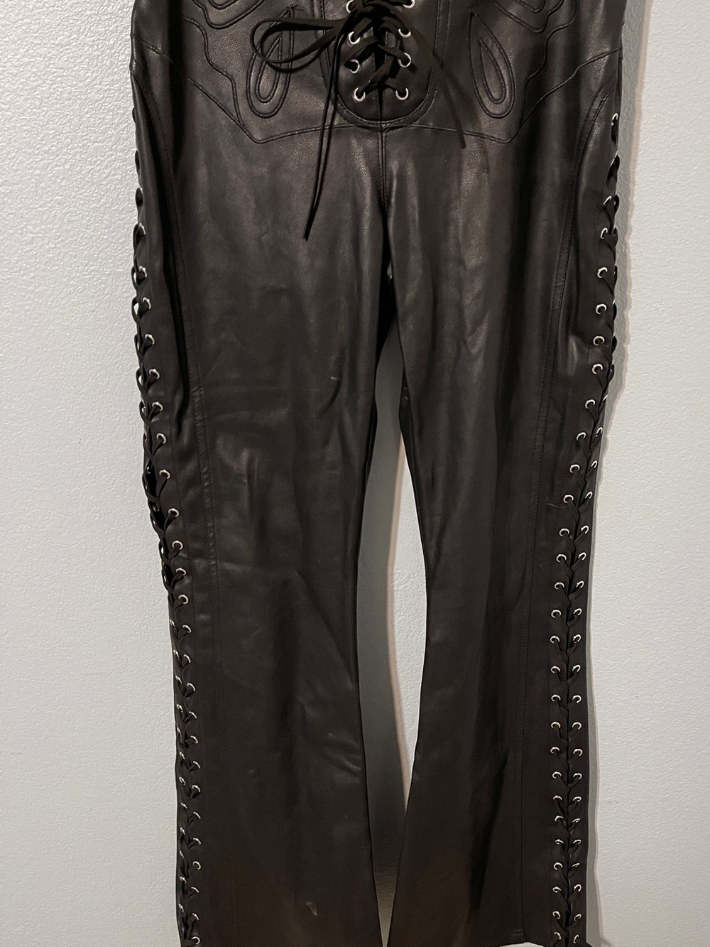 Dolls Kill Frida Faux Leather Lace Up Pants Black Y2K Goth Punk Flare Biker XL